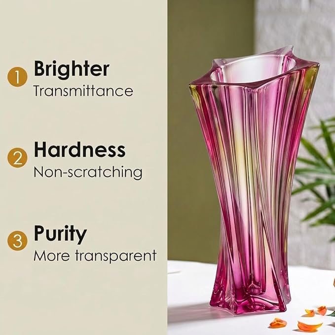 Crystal Glass Vase – Heavy Crystal Vase for Flowers with Weighted Bottom, Thick Durable Decorative Vases for Modern Home Decor, 9.8″ 3.5lb Clear Centerpiece (Gradient Pink)
