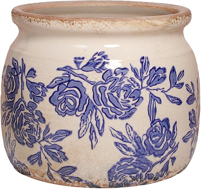 Chinoiserie Ceramic Plant Pot for Garden Decor, 6.3in Rustic Farmhouse Planter with Drainage Hole for House Plants, Blue and White Vase for Centerpiece, Kitchen & Office Decoration, Plant Lover Gifts