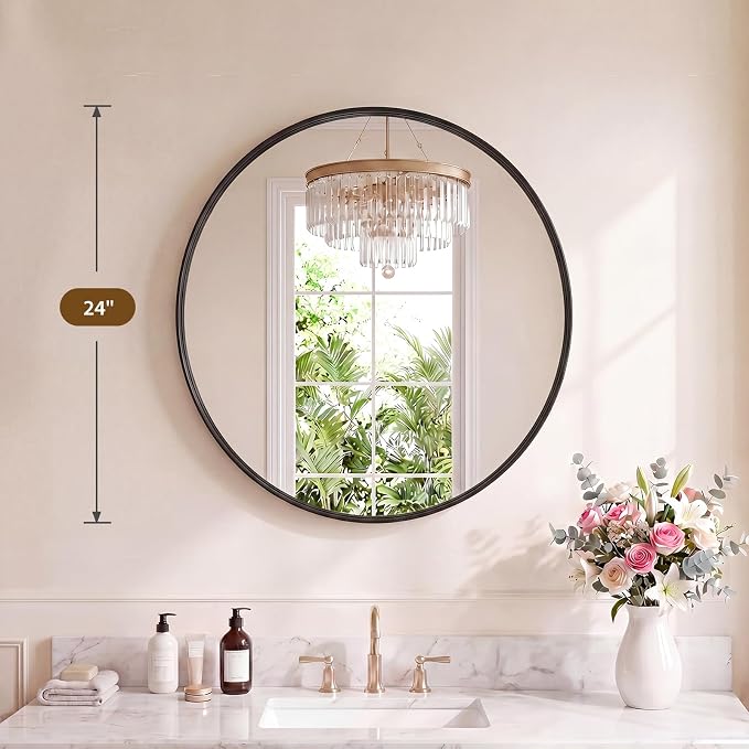 NEWBULIG 24-Inch Round Wall Mirror, Bathroom Wall Circle Mirror | Metal Frame, Bathroom Decor for Entryway, Living Room, Vanity, Black