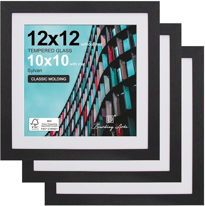 12x12 Picture Frame Black,10x10 Mat,Tempering Glass,Engineered Wood