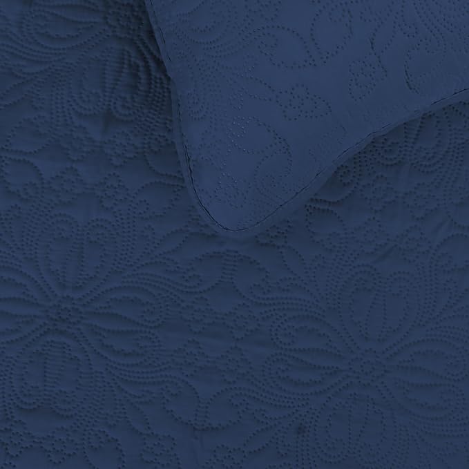Easy-Going Reversible Quilt Set Twin, Bedspread with 1 Shams | Damask-Dark Blue/Light Blue, Lightweight Microfiber Bed Comforter, 1 Quilt + 1 Pillow Shams, All-Season Coverlets