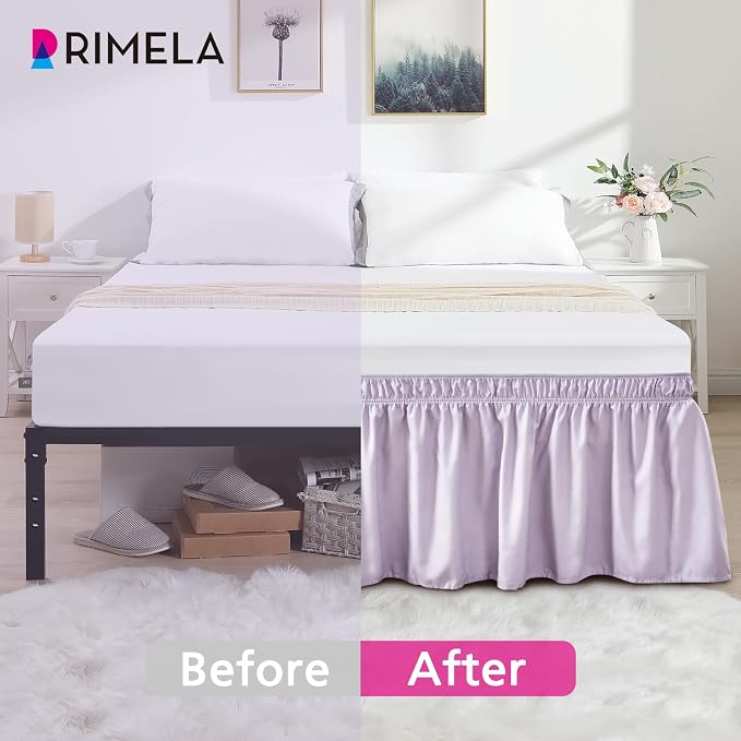 Lavender Purple Bed Skirt King 18" Drop, Elastic Wrap Around Bedskirt | Solid Ruffled, Easy to Use, No Mattress Lifting, Wrinkle & Fade Resistant, with Adhesive Strips, Machine Wash/Dry/Iron