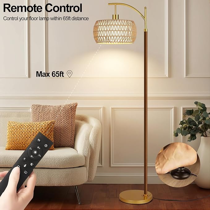 AHDWDW Arc Gold Floor Lamp for Living Room with Remote,Farmhouse Boho Floor Lamps with Timer,Rustic Standing Lamp with Hand-woven Rattan Wicker Shade and Fabric,Adjustable Tall Lamp for Bedroom,Corner