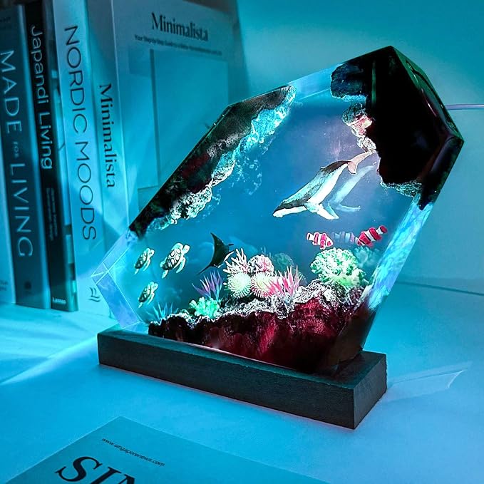 Handmade Humpback Whale Resin Ocean Lamp with Wooden Base