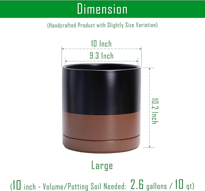 D'vine Dev 10 Inch Ceramic Planter Pot, Black/Tan, 94-O-E-7 | Modern Cylinder Design, Drainage Hole & Saucer Included, Stable Structure, Elegant Home Accent