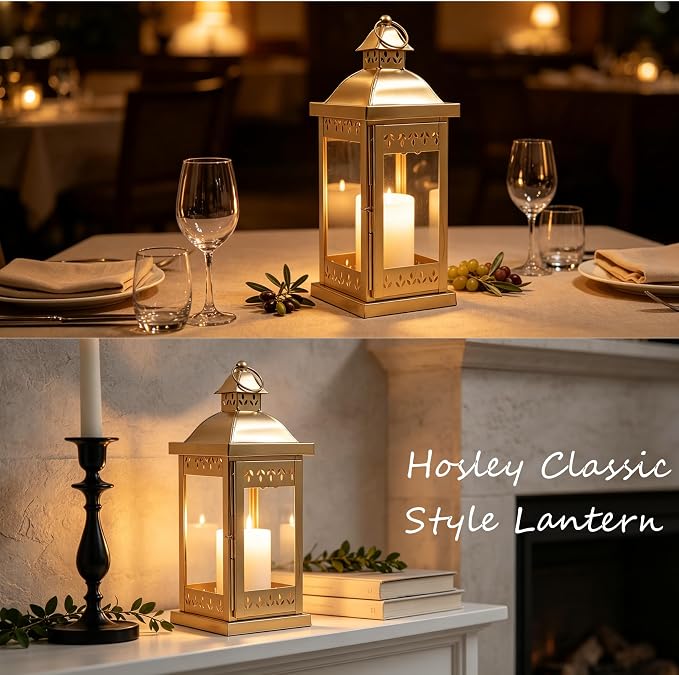 Hosley 15 Inch High Large Clear Glass Iron Classic Style Lantern Gold. Ideal Gift for Parties Weddings Aromatherapy and LED Spa Settings 05