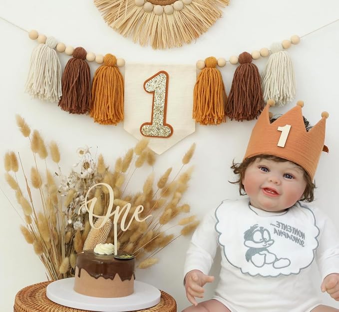 Baby Boy First Birthday Party Decorations Brown High Chair Banner 1st Crown Cake Topper 1st Birthday Decor