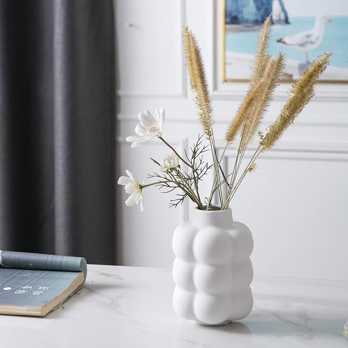 Mowtanco White Ceramic Vase, Modern Small Vase for Centerpiece 6.7" Tall | Boho tabletop decor accent vase for dried flowers, centerpiece for living room bedroom shelf, minimalist home decor gift