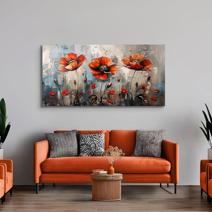 SERIMINO Large Modern Floral Wall Decor, Red Wildflower Artwork 29"X57" | Extra Large Botanical Wall Art, Wildflower Canvas Painting, Living Room Dining Room, Gallery Wrapped, Fade-resistant Inks