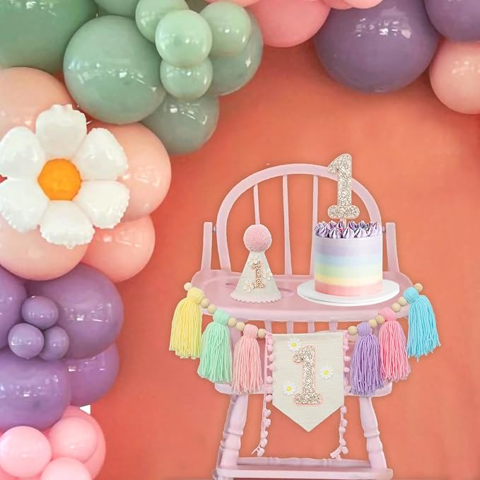 JUIIZAY Pastel First Birthday Decorations for Girl 1st High Chair Banner