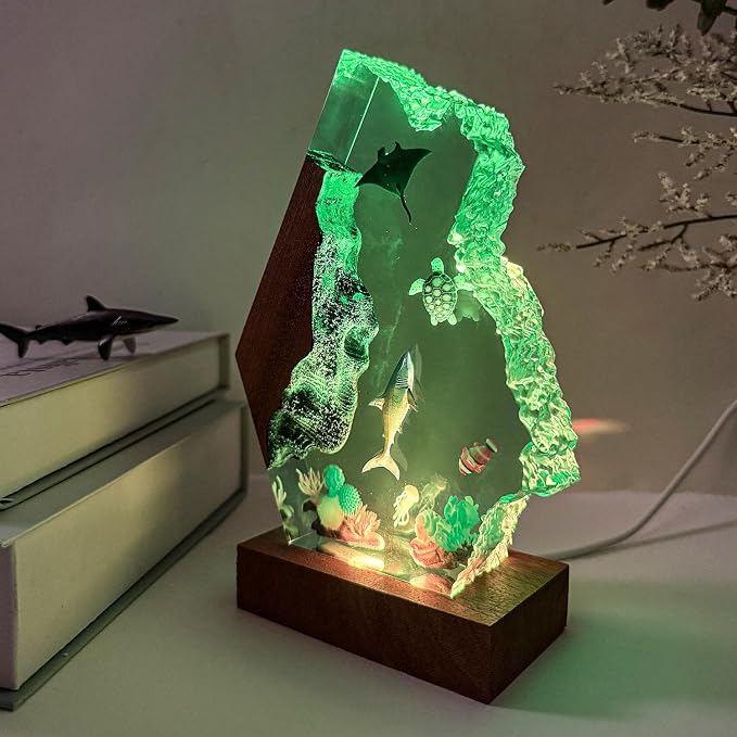 Handmade Shark Resin Ocean Lamp with Woodden Base