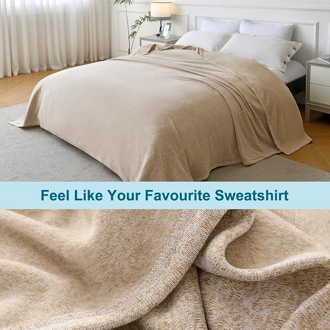 KAWAHOME Summer Sweatshirt Queen Size Blanket for Bed Lightweight Soft Thin | Breathable Jersey Blankets for Hot Sleepers in Air-Conditioned Room, Home Decor Holiday Gift, 90 X 90 Inches, Heather Camel
