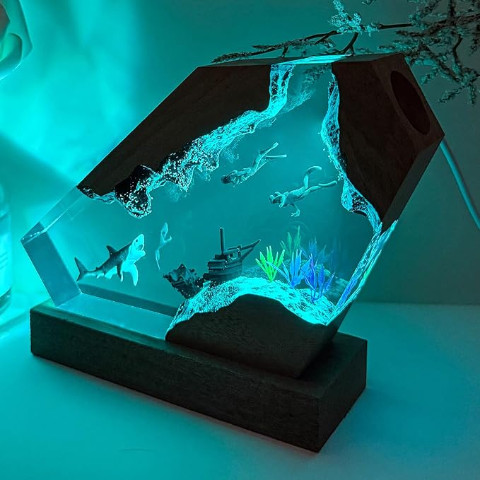 Handmade Shark Resin Lamp with Wooden Base