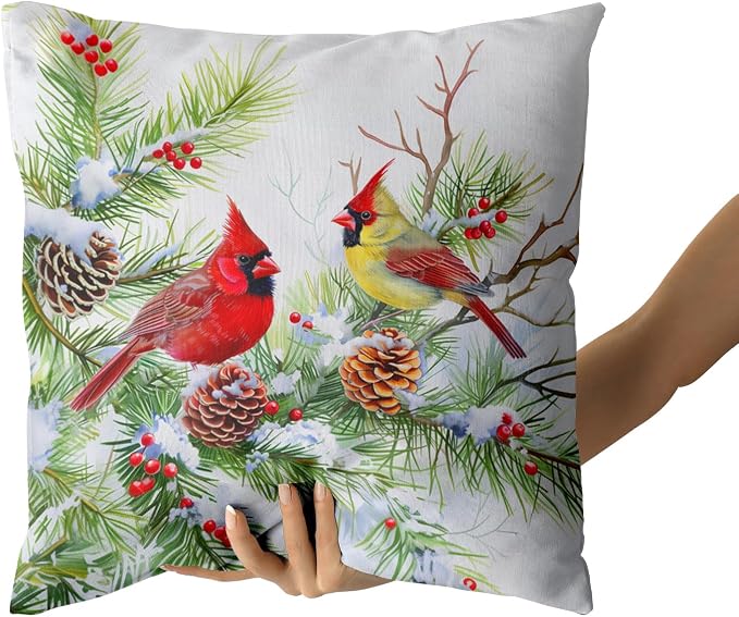 Giwawa Winter Birds Pillow Covers Set of 2 20x20 Inch Christmas Trees Holly Berry Pine Cones Xmas Snow Scene Square Cushion Cases Double Sided for Sofa Patio Porch Holiday Bed Decor
