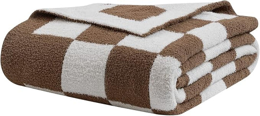 bearberry Soft Plush Throw Blanket for Couch, Cozy Warm & Lightweight | Knitted Fluffy Checkered Comfort Home Decor Gift for Women Mom Her, Sofa Chair Bed, 40x50in, Mocha