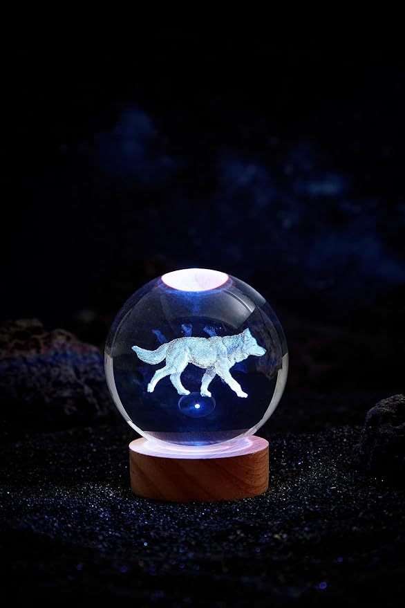 3D Crystal Ball Lamp, Upgraded 3.15 Inch Wolf Crystal Ball Night Light with 16 Colors LED, Wooden Base, Remote Control, Gift Box Packaging, Home Decor Gift
