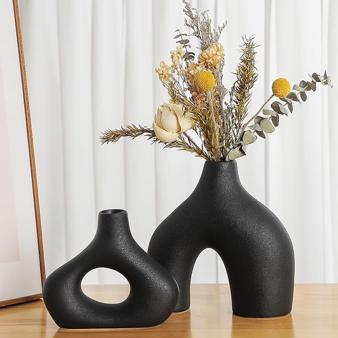 CEMABT Black Ceramic Vase Set of 2 for Modern Minimalist Bohemian Decor，Round Matte Donut Vases for Pampas Grass-Perfect for Living Room, Dining Table, Office Bedroom Shelf Decor Entryway, Console