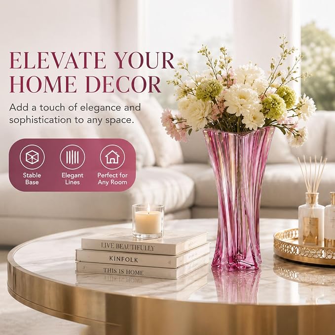 Crystal Glass Vase – Heavy Crystal Vase for Flowers with Weighted Bottom, Thick Durable Decorative Vases for Modern Home Decor, 9.8″ 3.5lb Clear Centerpiece (Gradient Pink X 2)