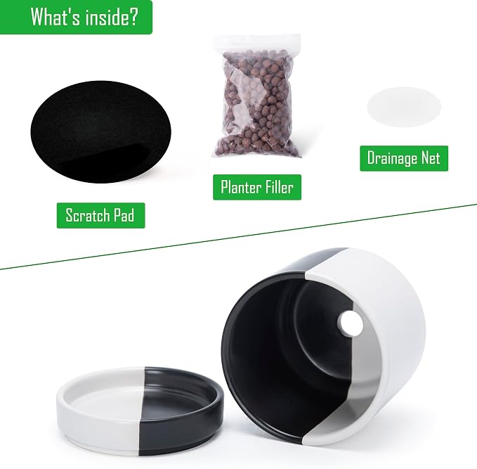 D'vine Dev 4.7 Inch Ceramic Planter Pot, Black White Split, 94-O-B-0 | Modern Cylinder Design, Drainage Hole & Saucer Included, Stable Structure, Elegant Home Accent