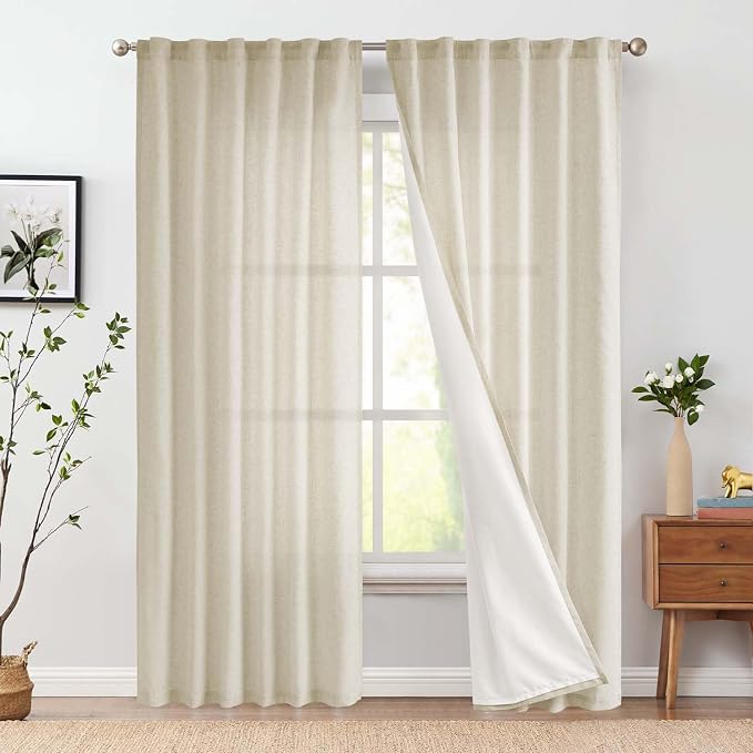 jinchan Lined Linen Curtains Privacy Back Tab 50x90 Inch 2 Panels Oatmeal | Light Filtering Curtains with White Privacy Liner, Cottage Core Farmhouse Curtains for Living Room, Rod Pocket 90 Inch Length