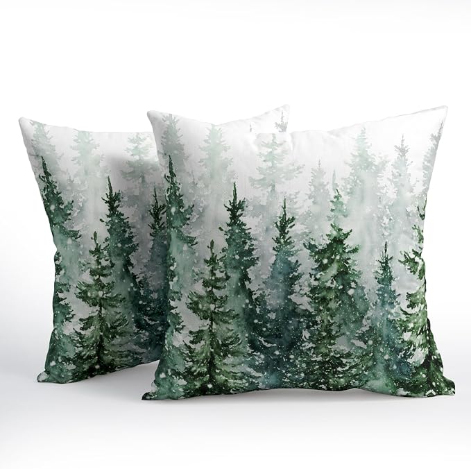 Winter Forest Pillow Covers 16x16 Inch 2Pcs Watercolor Green Misty Pine Tree Nature Landscape Throw Pillows Cover Mountain Square Cushion Cover for Home Sofa Patio Living Room