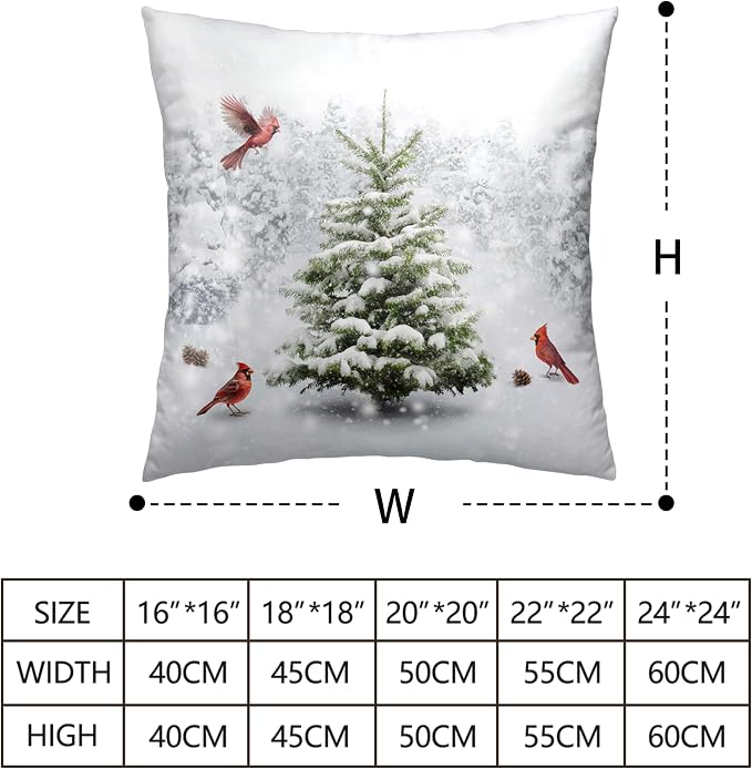 Winter Throw Pillow Covers 18X18 Snowy Natural Forest Decorative Pillow Case Set of 2 Green Pine Tree with Cardinal Birds Cushion Case for Couch Living Room Patio