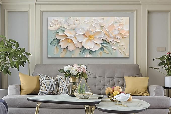 Anolyfi Large White Floral Canvas Wall Art for Living Room Bedroom 48"x24" | HD Print and Hand-painted Textured, Easy to Hang, Durable Colorfast, Modern Flowers Sage Paintings for Hallway Home Decor