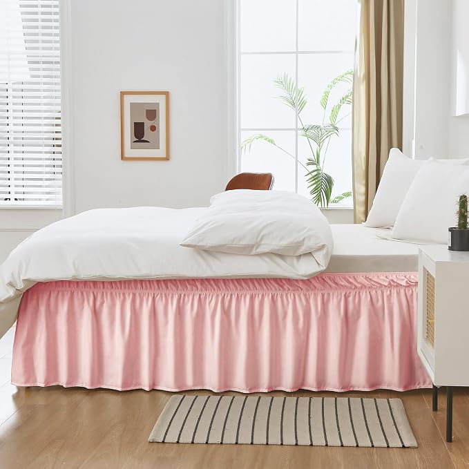 MEILA Wrap Around Elastic Bed Skirt for Twin & Full Beds, 16" Drop, Pink | Three-Side Adjustable Elastic Dust Ruffle, Ruffled Polyester Fabric, Easy to Install, Fade Resistant & Machine Washable