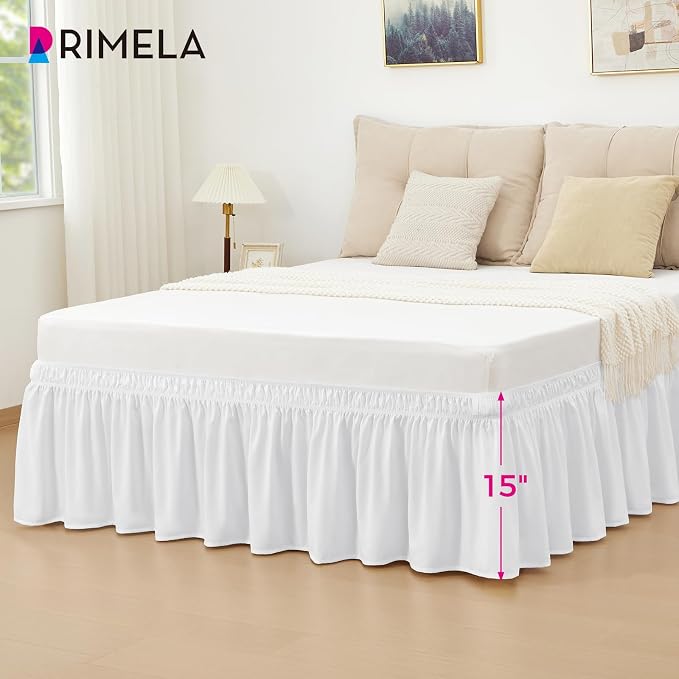 Bright White Bed Skirt Queen Size 15" Drop, Elastic Wrap Around Bedskirt | Solid Ruffled, Easy to Use, No Mattress Lifting, Wrinkle & Fade Resistant, with Adhesive Strips, Machine Wash/Dry/Iron