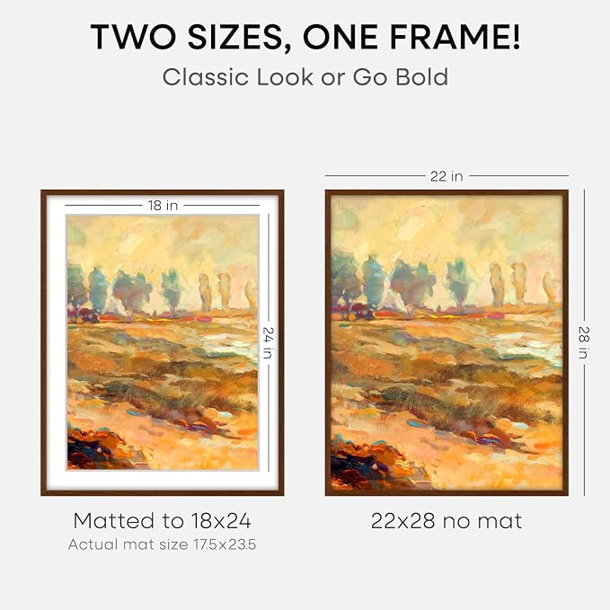 Homeforia 22x28 Brown Oak Poster Frame, High-End Wood, 18x24 Mat, Glass
