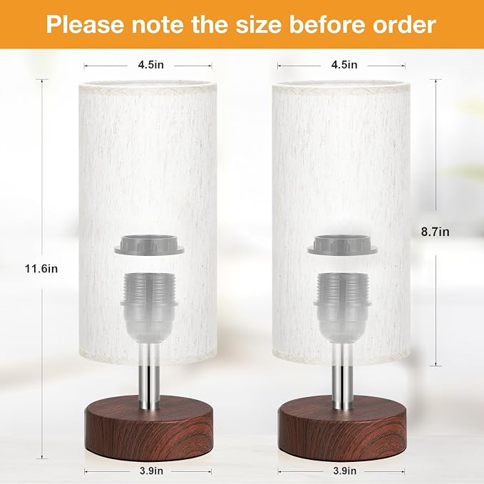 Table Lamps Set of 2 （Cream Shade - Walnut Base, 11.6" Inline Control）