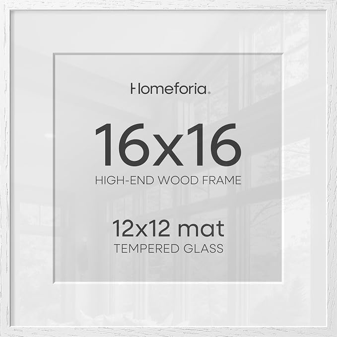 Homeforia 16x16 White Oak Picture Frame, High-End Wood, 12x12 Mat, Glass