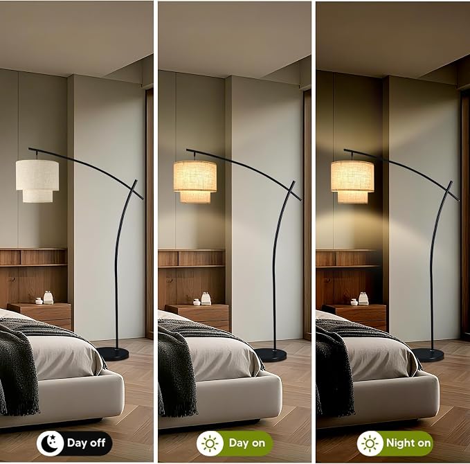 Lightdot Arc Floor Lamp for Living Room, Modern Standing Tall Lamps with Double Linen Shade, Tall Hanging Pole Lamp with Stable Base & Bulb Included for Bedroom/Sofa Beside/Corner Decor-Black
