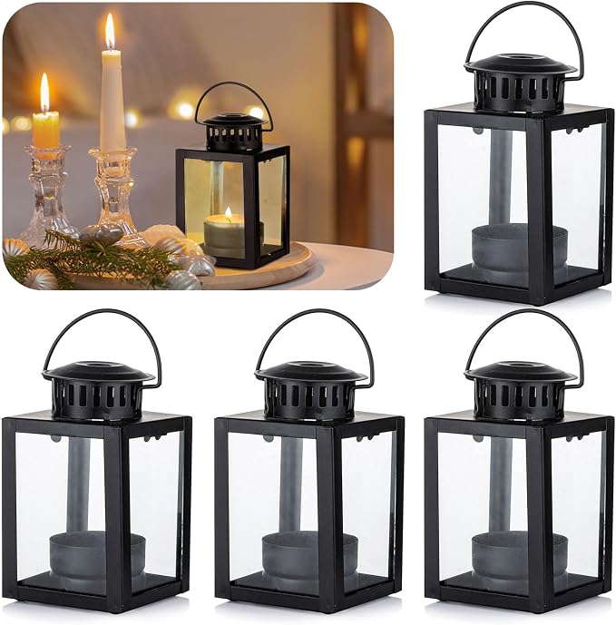 Small Black Lantern Decorative Outdoor, Set of 4 Candle Holder | Mini Hanging Lantern with Tealights & Glass, Farmhouse Indoor Decor, for Table Centerpiece, Fireplace, Wedding, Christmas