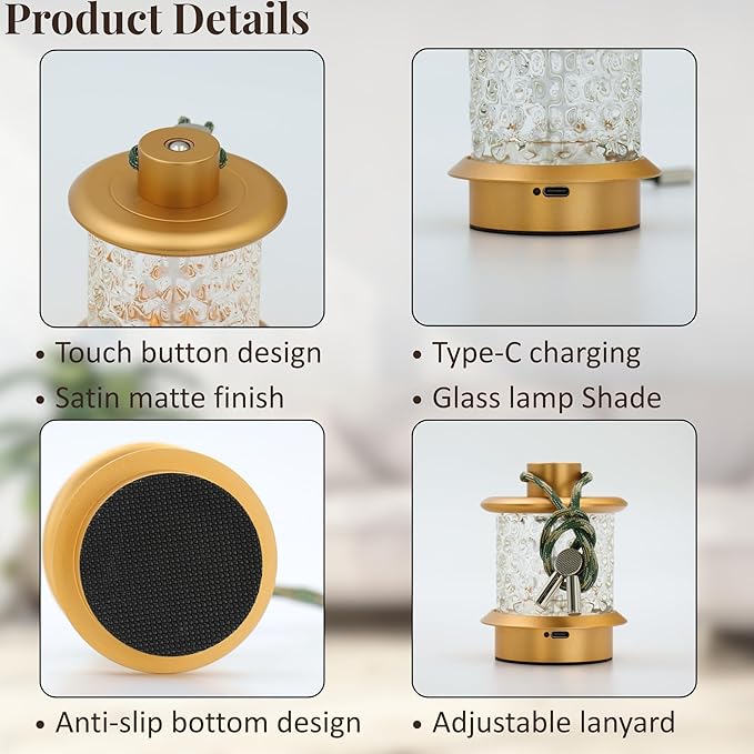 Cordless Small Table Lamp, Metal Glass, Lanyard, Rechargeable, Dimmable