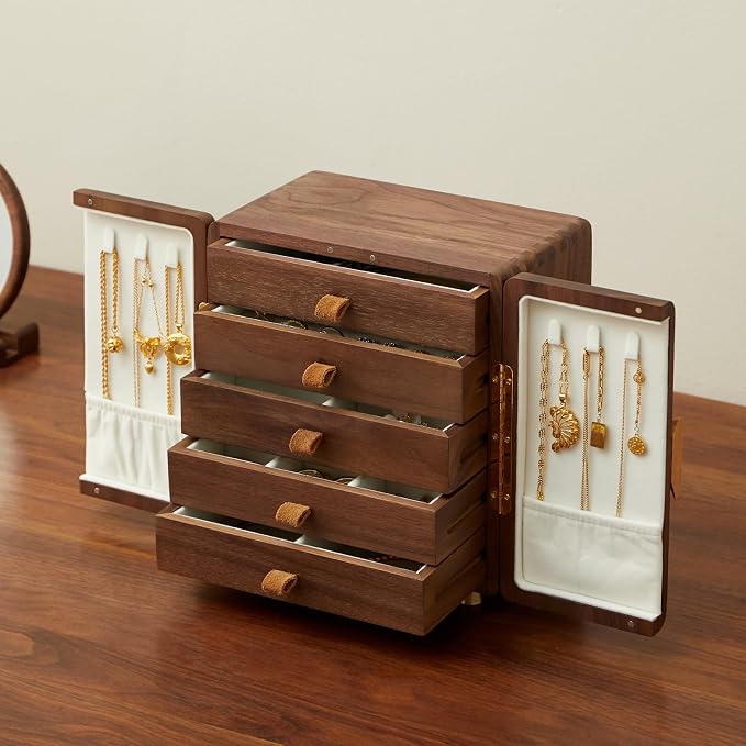 Black Walnut Wood Jewelry Box, Large | Women & Men, Velvet Lined, 5 Drawers, Hand Carved Ginkgo Leaf Handles, Double Door Wardrobe Design