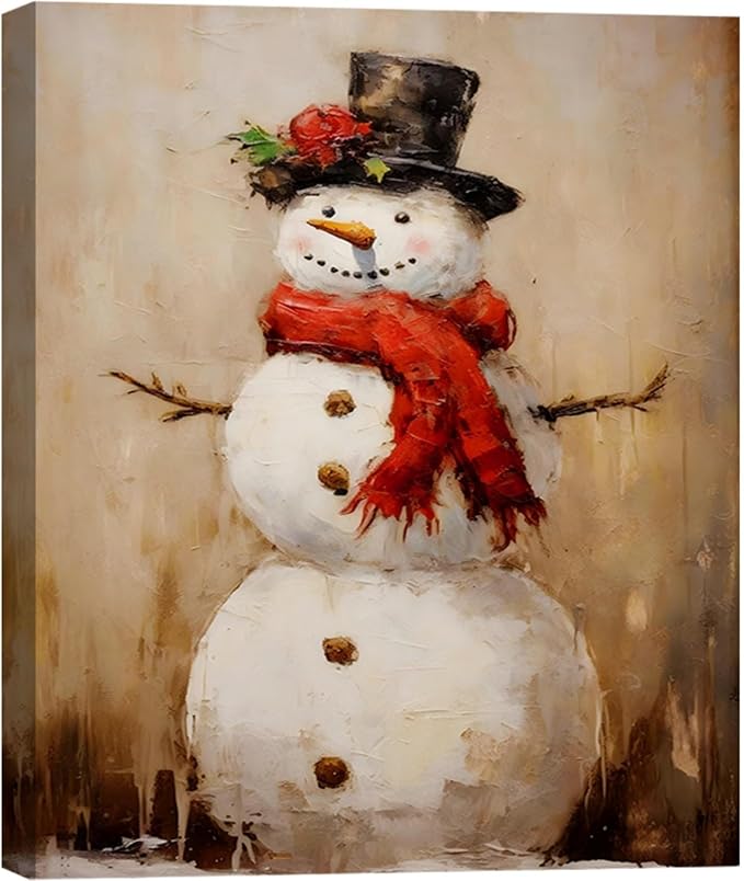 Rustic Snowman Christmas Wall Art 16x24in, Framed Christmas Pictures for Bedroom & Bathroom Wall Decorations, Farmhouse Winter Scene Painting Canvas Prints for Living Room