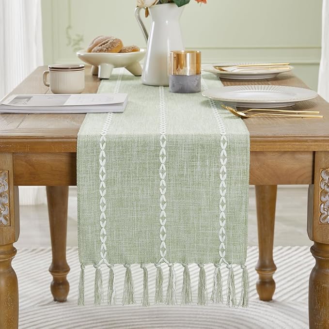 Wracra Rustic Linen Table Runner, Sage Green Table Runners 108 inches Long | Raised Embroidered Design and Hand-Tassels;Cotton Linen Woven Fabric; Farmhouse Table Runner;Home Kitchen Dining Decor