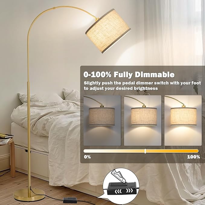 Gold Arc Floor Lamp with Dimmer, Dimmable Floor Lamp with Adjustable Head