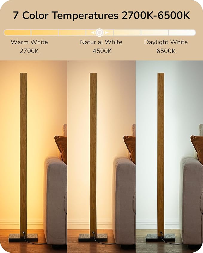 EDISHINE 48.43" Wooden LED Corner Floor Lamp with Remote, Dimmable & 7CCT