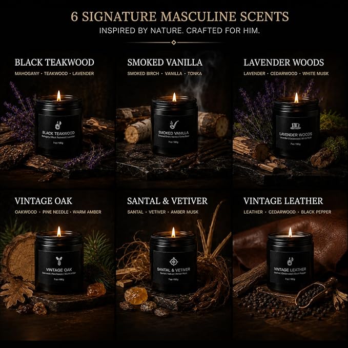 Scented Candles for Men, 6 Masculine Scents Set, 42oz Total