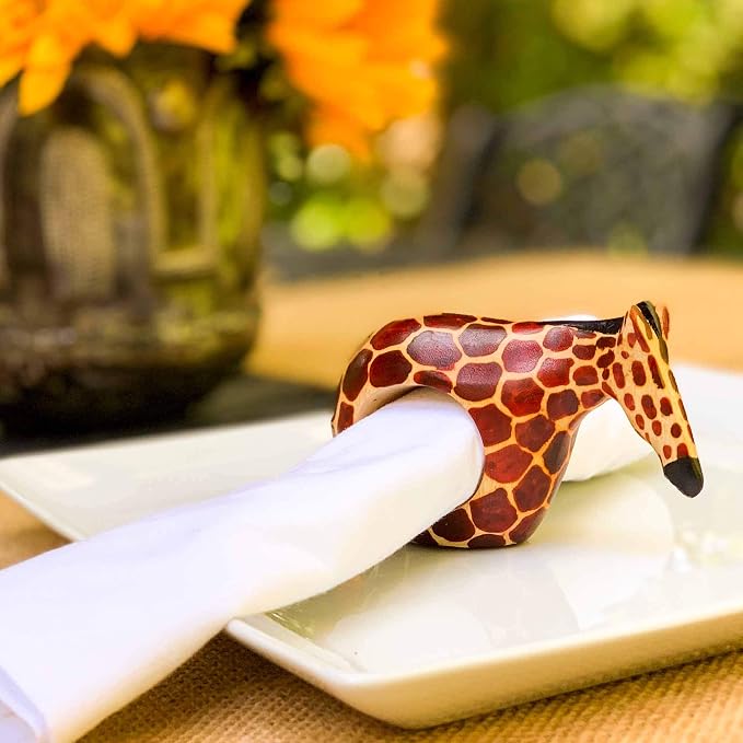 Global Crafts KWF012_G - Giraffe Wooden Napkin Rings - Handcarved Mahogany, Set of 6