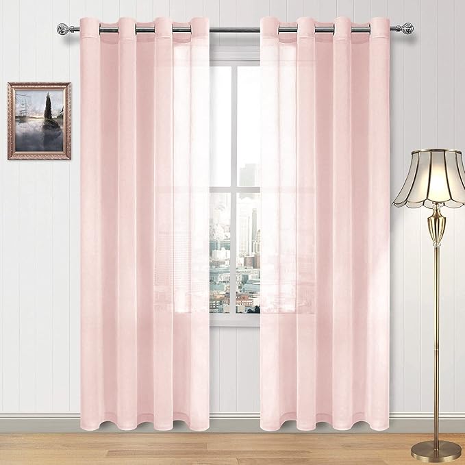 DWCN Blush Pink Sheer Curtains Bedroom Curtains Faux Linen Voile Sheer Drapes Grommet Top Window Curtain Panel 52 x 84 inches Long,Set of 2 Panels