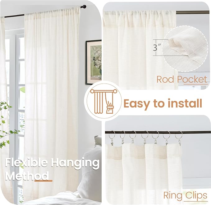 BGment Ivory Linen Curtains 98 Inches Long for Living Room - Semi Sheer Light Filtering Textured Drapes with Rod Pocket Lightweight Window Treatments for Bedroom, 2 Panels Set, 52 X 98 Inch