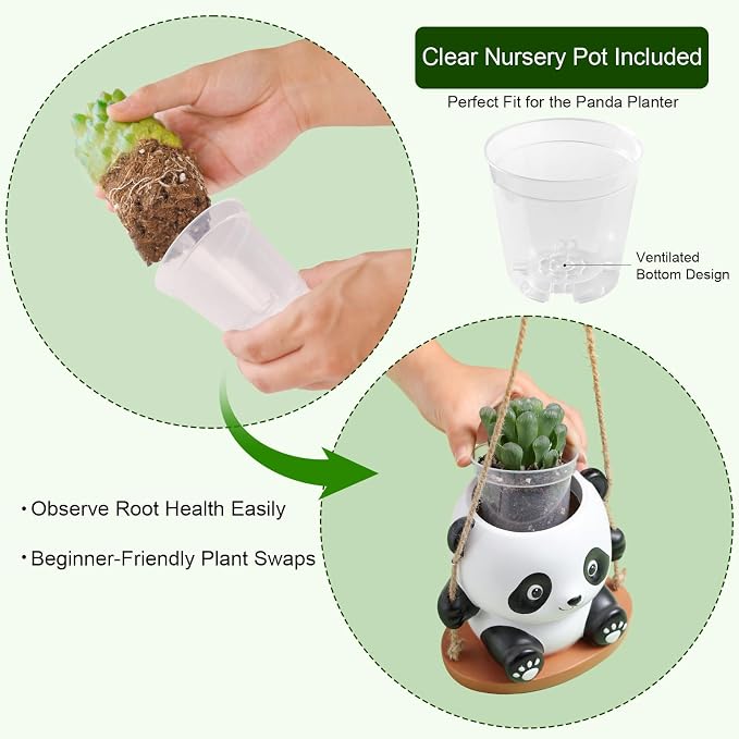 Swing Panda Hanging Planters for Indoor Plants, Cute Succulent Pots with Drainage Hole, Small Hanging Flower Pots Outdoor, Panda Gifts for Plant Lovers (Boy-White)
