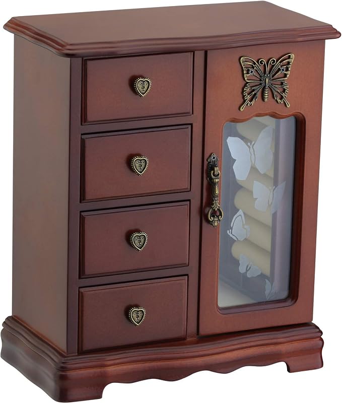 RR ROUND RICH DESIGN Solid Wood Jewelry Box for Women Brown | Vintage Butterfly Glass Door Jewelry Armoire with Mirror, 4 Drawers & Rotating Necklace Carousel