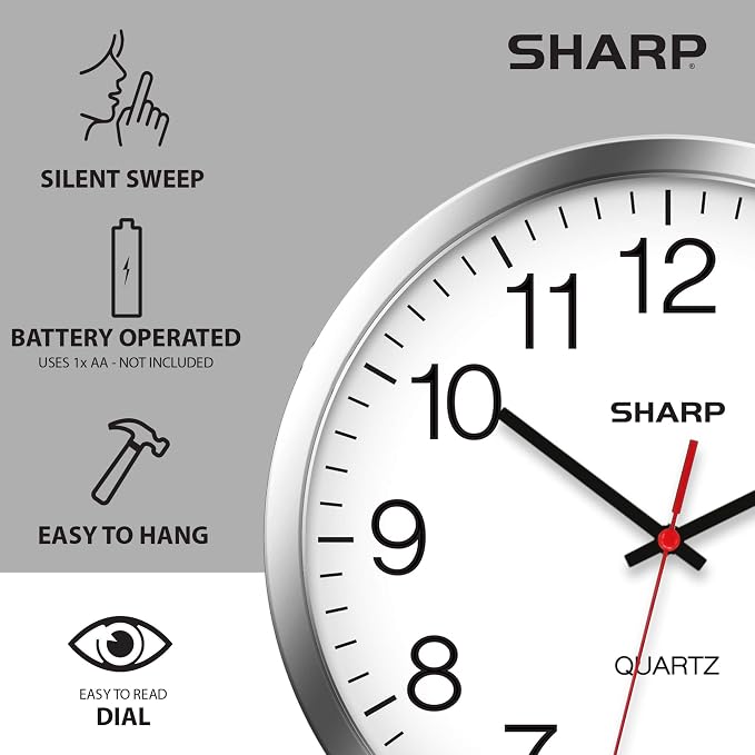 Sharp 10-Inch Battery Wall Clock, Silent Non-Ticking, Easy-Read, Silver | Battery operated; Sweep movement; Large round face; Quartz accuracy; Home, kitchen, office or classroom