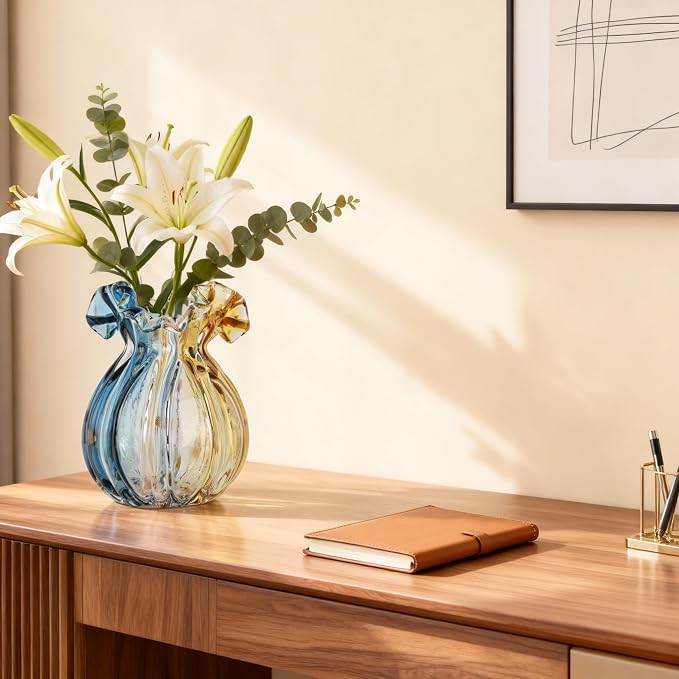 Hand-Blown Glass vase, Unique Wide-Mouth Glass vase, Modern Glass Art Decoration, Suitable for Living Room, Kitchen, Wedding, Dining Table, and Office Centerpiece Floral Arrangements.