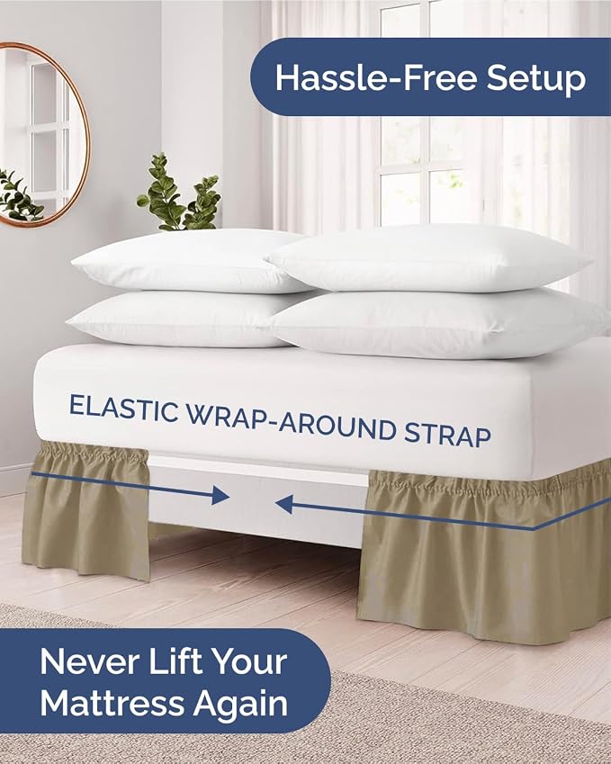 Wrap Around Dust Ruffle Bed Skirt - Khaki - for King Size Beds w/ 21 Inch Drop - Easy Fit Elastic Strap - Adjustable Pleated Bedskirt w/Brushed Fabric - Wrinkle & Fade Free - Women, Men, Kids & Teens