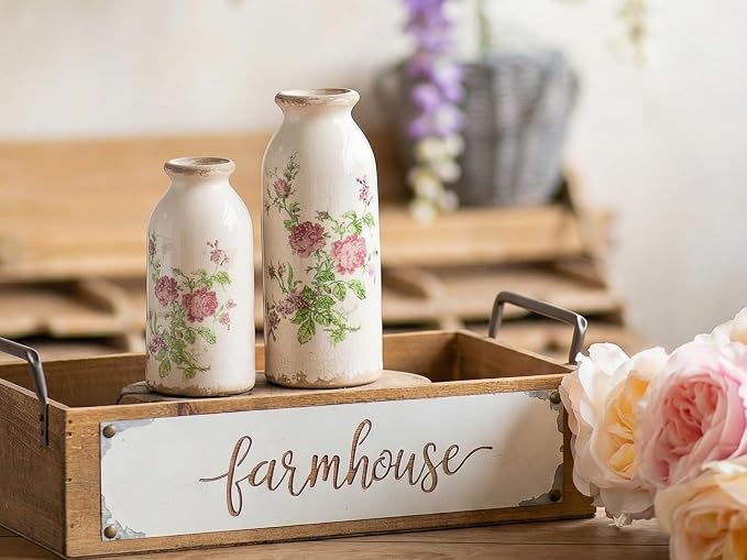 Ceramic Rustic Farmhouse Vase, Distressed Flower Vase for Home Decor, Ideal Shelf Decor, Boho Vase for Living Room Bedroom Kitchen Office Decor Centerpiece Table Decorations (6 inches)